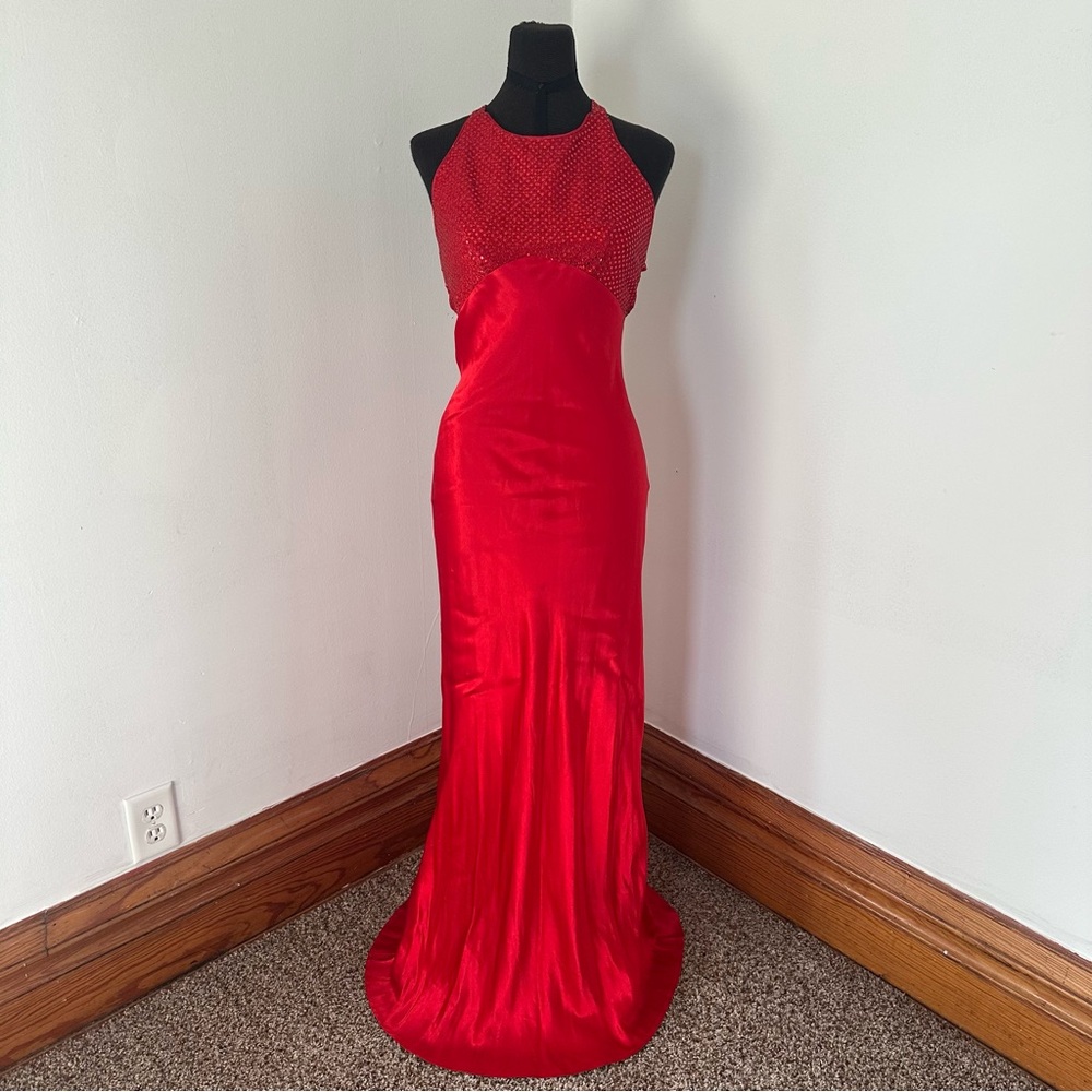 Y2K Maurices Red satin floor length Cross Back prom dress with beaded top Sz 5/6